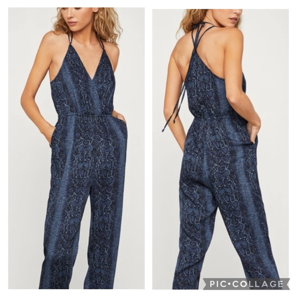 BCBGMAXAZRIA Jumpsuit Halter Cropped Python Snakeskin Navy Blue S Party Brunch